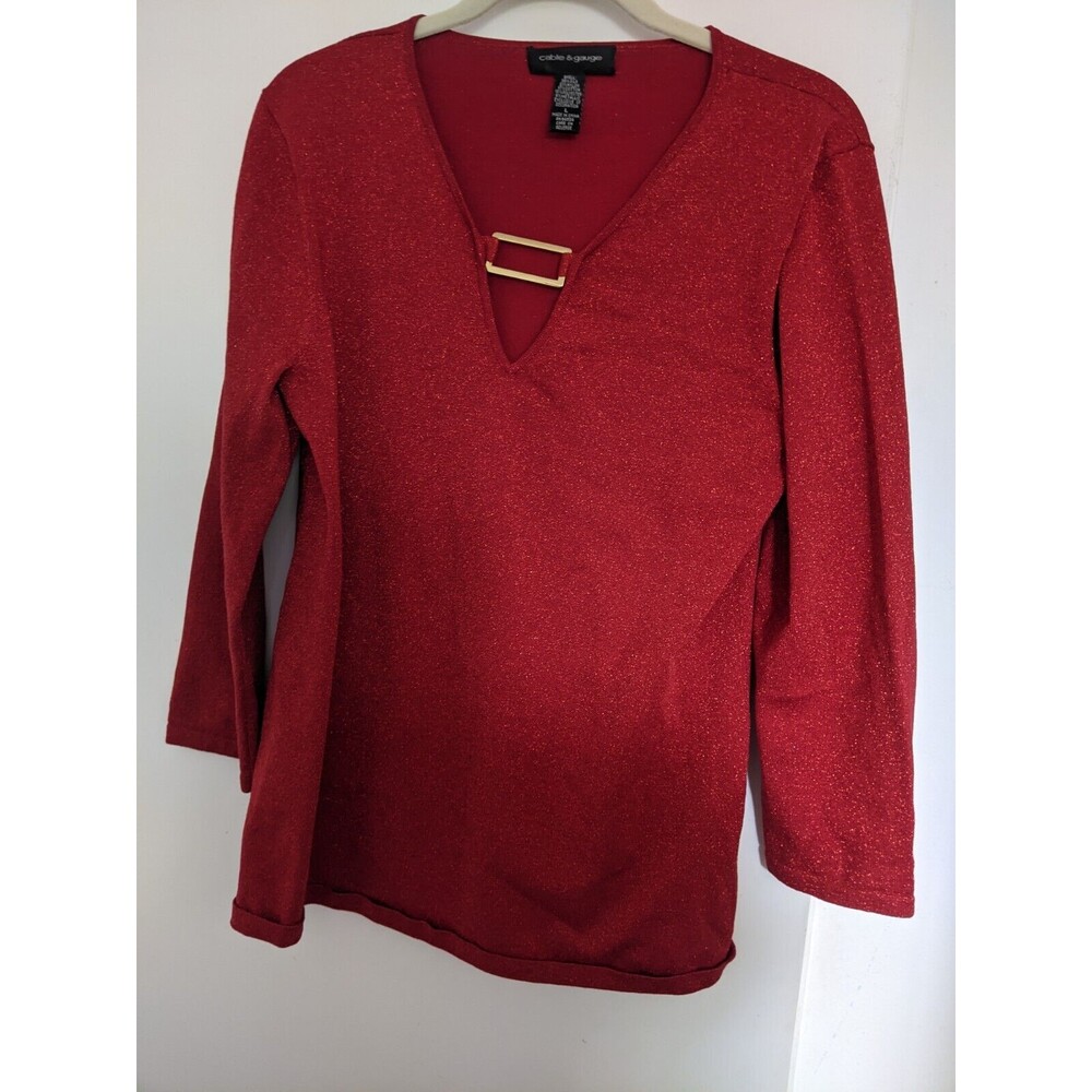 Cable And Gauge Top Size L 3/4 Sleeves Red Sparkle Silk Knit Metal Accent Read